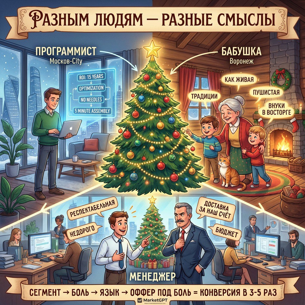 Как продавать товары разным аудиториям: 10 секретов от искусственной ёлки до SMM-курсов