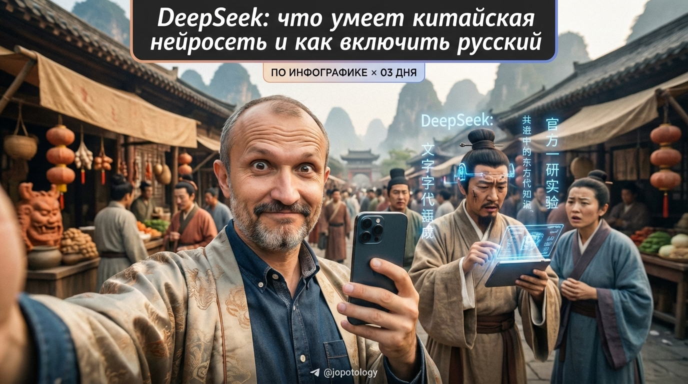 Логотип китайской нейросети DeepSeek с интерфейсом настройки русского языка